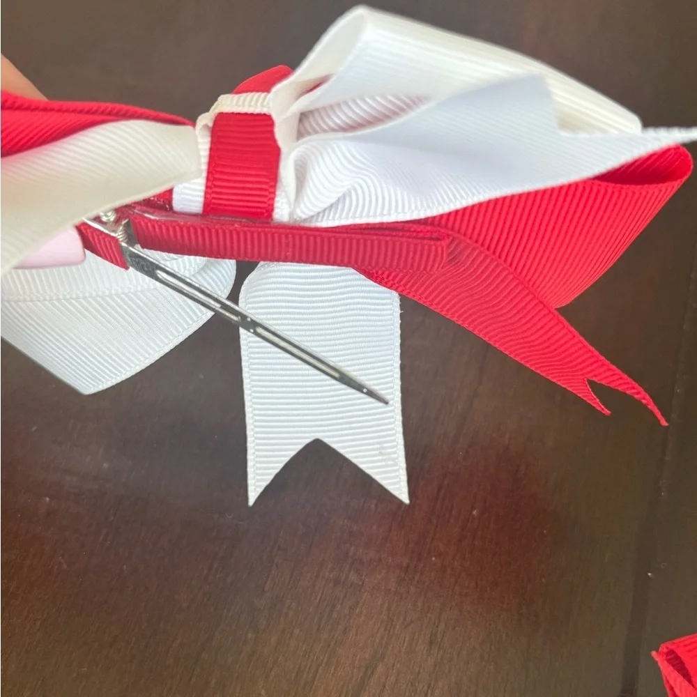 2 Red and White Hair Bows Barrettes